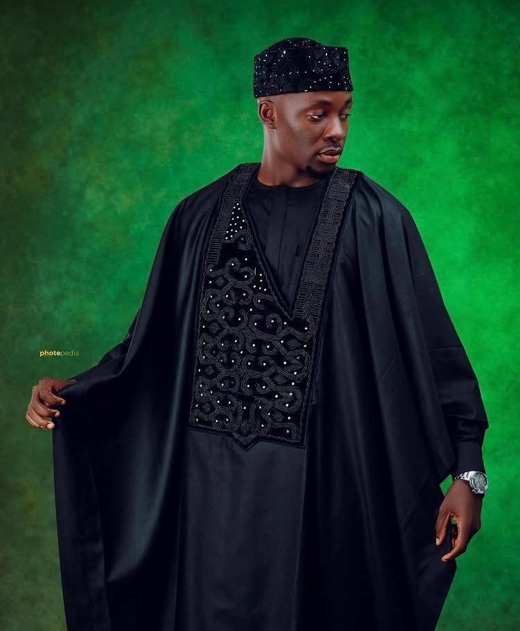 Regal Black Agbada with Intricate Velvet Embroidery