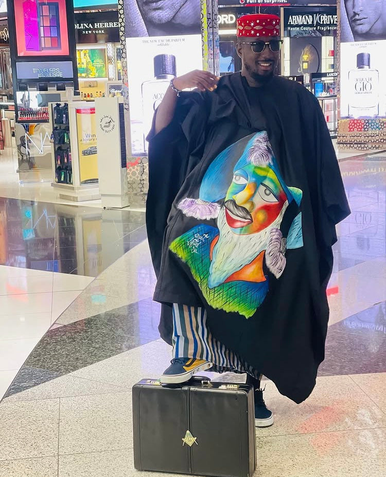 Black Artistic Agbada with Hand Painted Pop Art Portrait