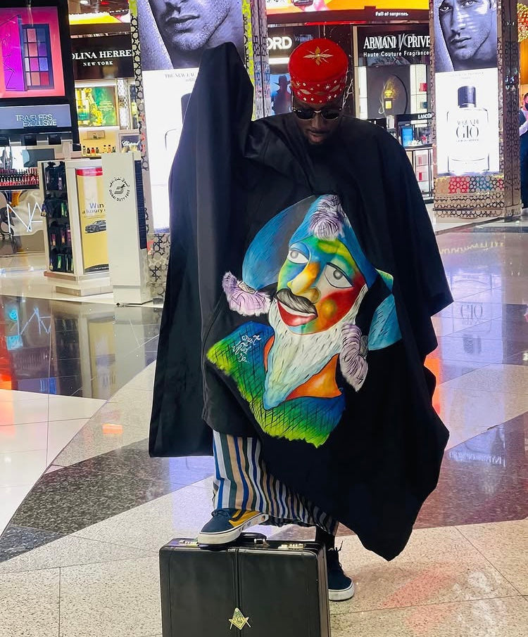 Black Artistic Agbada with Hand Painted Pop Art Portrait