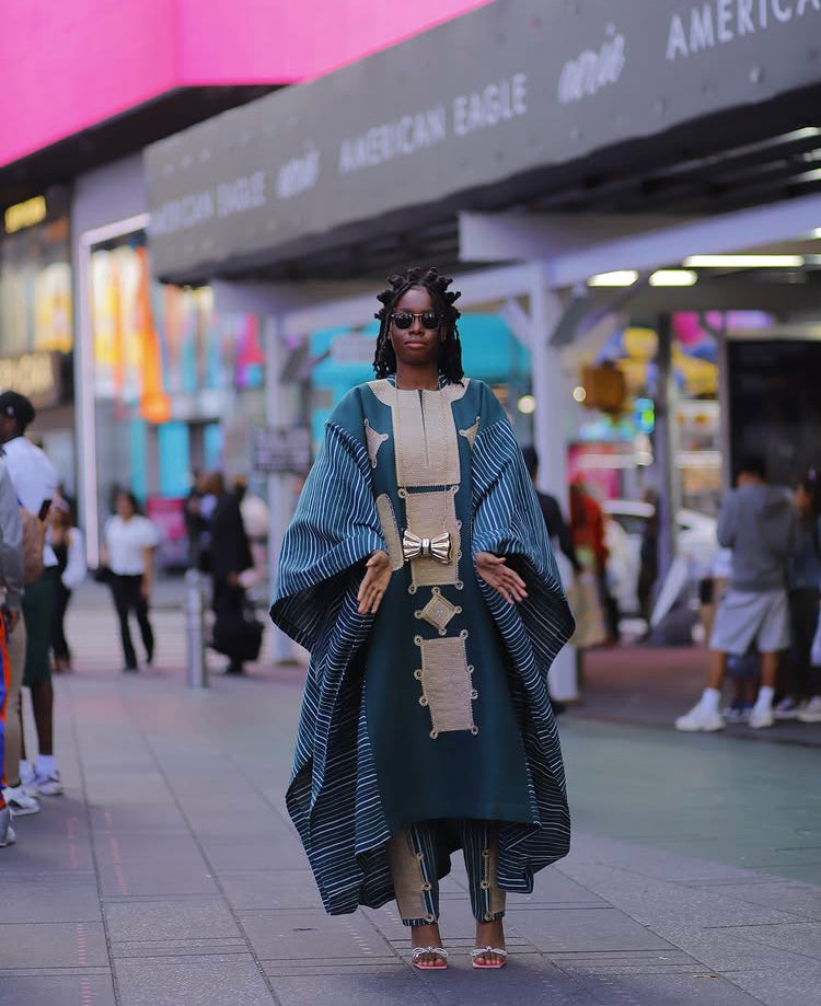 Teal Striped Ofie Agbada Set with Gold Appliqué