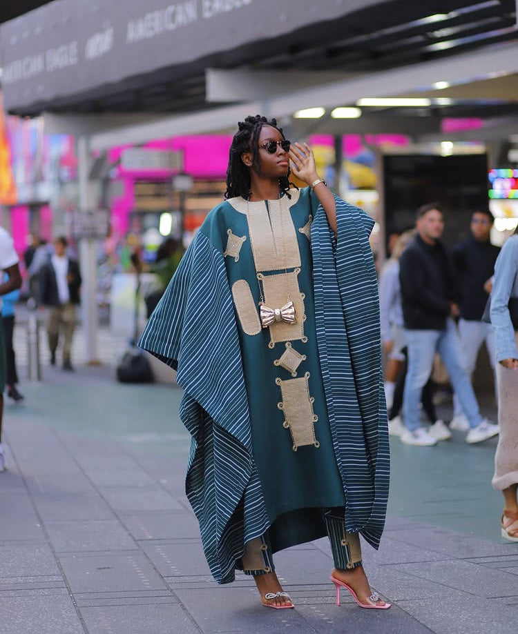 Teal Striped Ofie Agbada Set with Gold Appliqué