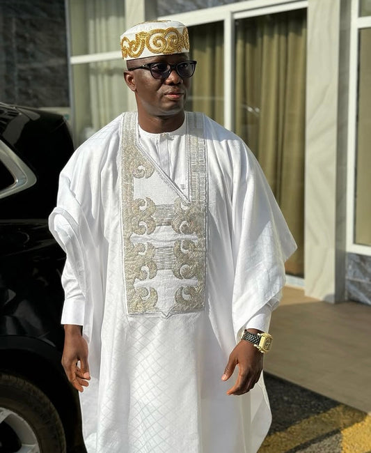 White Agbada Set with Silver Embroidered Detailing
