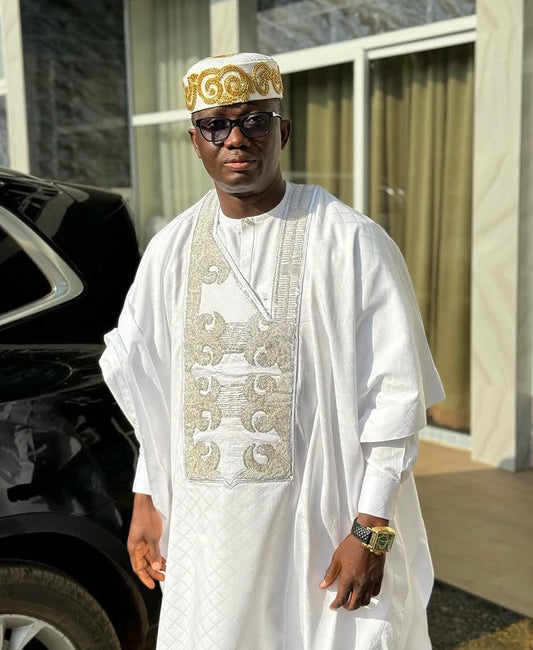 White Agbada Set with Silver Embroidered Detailing