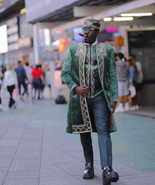 Emerald Green Embroidered Three Piece Set with Cap
